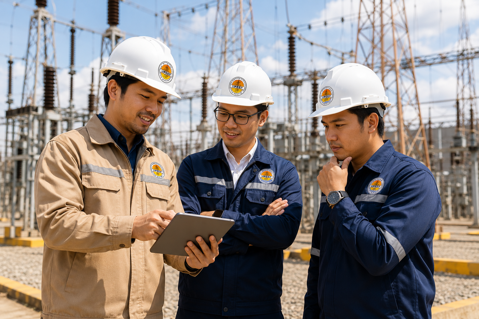 Electrical workers inspecting an outdoor substation